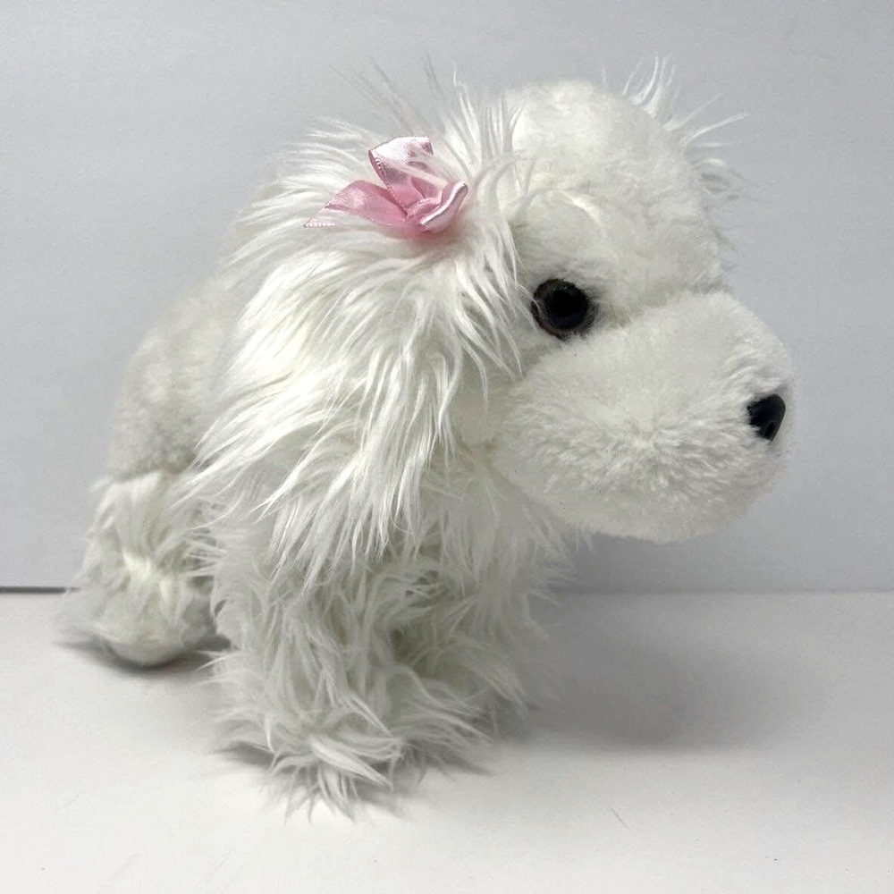 Maltese Llasa Yorkie Dog Plush White Puppy Fluffy Hair With Pink Bow Pet